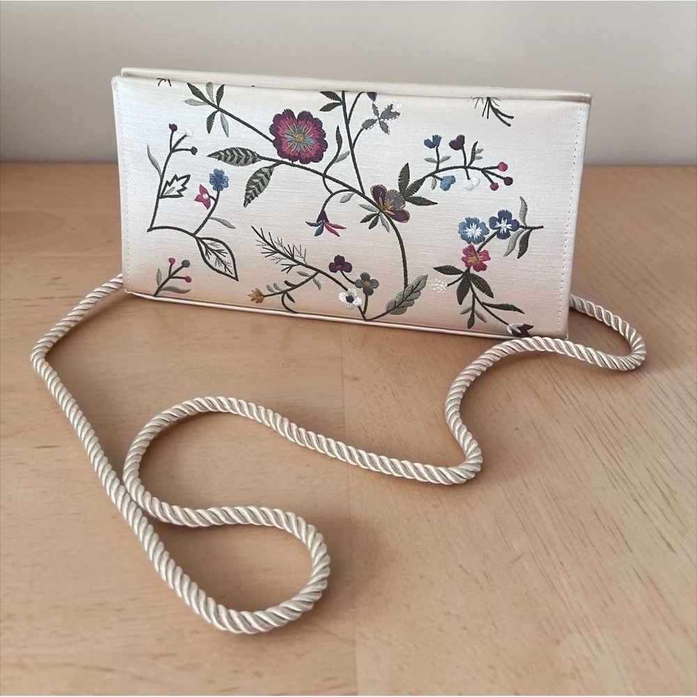 Lord & Taylor Silk Floral Embroidered Clutch Purse Snap Closure Shoulder Strap